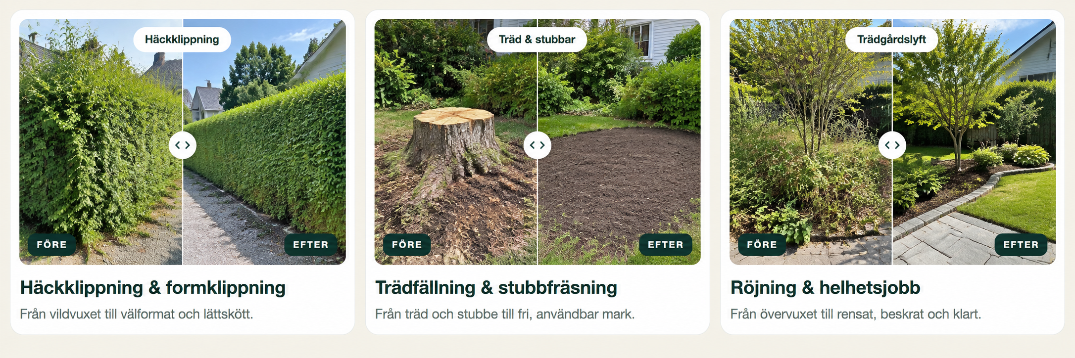 Före och efter: häckklippning, trädfällning och stubbfräsning samt trädgårdslyft